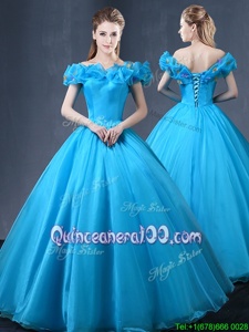 Excellent Off the Shoulder Cap Sleeves Floor Length Lace Up Sweet 16 Quinceanera Dress Baby Blue and In forMilitary Ball and Sweet 16 and Quinceanera withAppliques