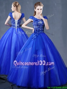 Most Popular V-neck Short Sleeves Lace Up Sweet 16 Dresses Royal Blue Organza