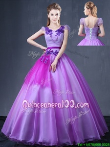 Best Ball Gowns 15th Birthday Dress Lavender V-neck Organza Short Sleeves Floor Length Lace Up