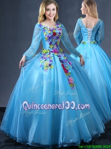 Floor Length Baby Blue Ball Gown Prom Dress V-neck Long Sleeves Lace Up