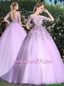 Classical Lilac Scoop Neckline Appliques Quince Ball Gowns Short Sleeves Backless