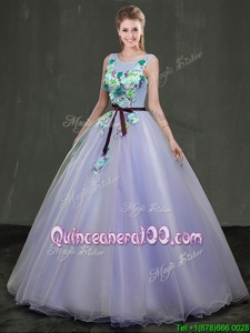 Wonderful Lavender Lace Up Scoop Appliques Ball Gown Prom Dress Organza Sleeveless
