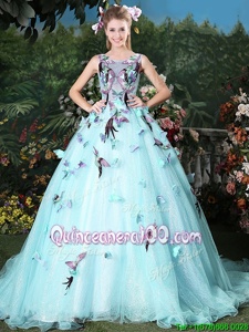 Luxurious Scoop Spring and Summer and Fall and Winter Organza Sleeveless Quinceanera Dress Brush Train andAppliques