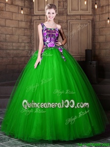 Delicate One Shoulder Spring Green Lace Up 15th Birthday Dress Pattern Sleeveless Floor Length