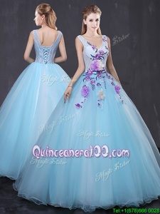 Lovely V-neck Sleeveless Lace Up Ball Gown Prom Dress Light Blue Tulle