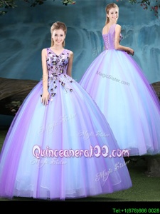 New Arrival Blue and Lilac Sleeveless Tulle Lace Up Quinceanera Gown forMilitary Ball and Sweet 16 and Quinceanera