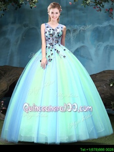 Custom Fit Sleeveless Floor Length Appliques Lace Up Quinceanera Dresses with Multi-color