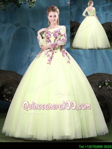 Spectacular Scoop Yellow Green Tulle Lace Up 15 Quinceanera Dress Long Sleeves Floor Length Appliques