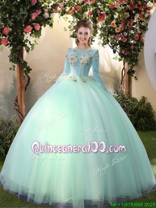 Super Light Blue Lace Up Scoop Appliques Sweet 16 Dresses Tulle Long Sleeves