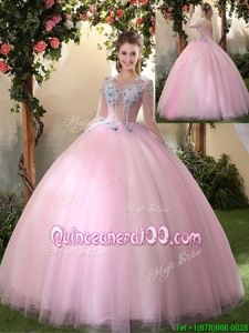 High End Scoop Baby Pink Lace Up 15th Birthday Dress Appliques Long Sleeves Floor Length