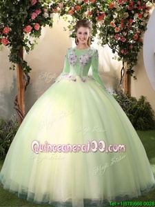 Elegant Scoop Long Sleeves Tulle Quince Ball Gowns Appliques Lace Up
