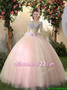 Vintage Peach Tulle Lace Up Scoop Long Sleeves Floor Length Quince Ball Gowns Appliques
