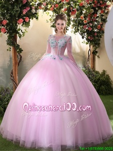 Lilac Lace Up Scoop Appliques Sweet 16 Quinceanera Dress Tulle Long Sleeves