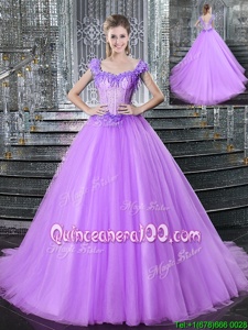 High End Straps Straps With Train Lace Up Ball Gown Prom Dress Lilac and In forMilitary Ball and Sweet 16 and Quinceanera withBeading and Appliques Brush Train
