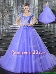 High Quality Lavender Quinceanera Gown Military Ball and Sweet 16 and Quinceanera and For withBeading Straps Sleeveless Brush Train Lace Up