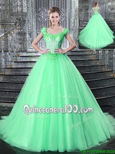 Eye-catching Straps Straps Beading and Appliques Sweet 16 Dresses Apple Green Lace Up Sleeveless With Brush Train
