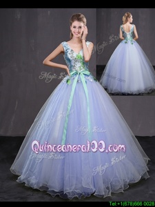 Flirting Tulle Sleeveless Lace Up Appliques and Belt Ball Gown Prom Dress inLavender