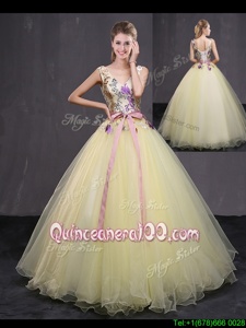 Modest Light Yellow Tulle Lace Up Quinceanera Dress Sleeveless Floor Length Appliques and Belt