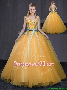 Best Floor Length Lace Up 15th Birthday Dress Gold and In forMilitary Ball and Sweet 16 and Quinceanera withAppliques and Belt
