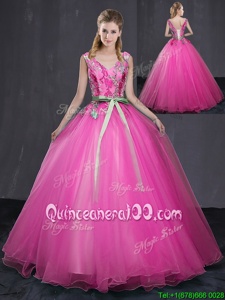 Chic Appliques and Belt Quinceanera Dress Hot Pink Lace Up Sleeveless Floor Length