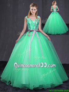 Cheap Turquoise Lace Up V-neck Appliques and Belt Quinceanera Gown Tulle Sleeveless