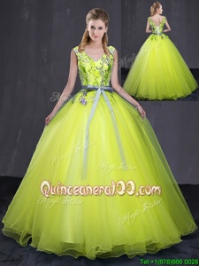 Gorgeous Ball Gowns Ball Gown Prom Dress Yellow Green V-neck Tulle Sleeveless Floor Length Lace Up