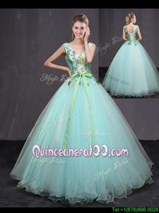Super Aqua Blue Ball Gowns Tulle V-neck Sleeveless Appliques and Belt Floor Length Lace Up Quinceanera Gown