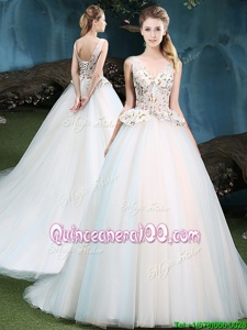 Deluxe White Tulle Lace Up Quinceanera Dress Sleeveless With Brush Train Appliques