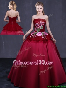 Fabulous Wine Red Ball Gowns Embroidery 15th Birthday Dress Lace Up Satin Sleeveless Floor Length