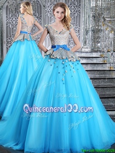 Baby Blue Tulle Lace Up V-neck Sleeveless Quinceanera Dress Brush Train Appliques and Belt
