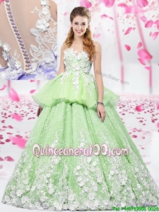 Amazing Scoop Yellow Green Organza and Tulle Lace Up 15 Quinceanera Dress Sleeveless Floor Length Lace and Appliques