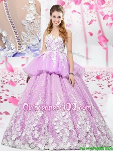 Lilac Ball Gowns Scoop Sleeveless Organza and Tulle Floor Length Lace Up Lace and Appliques Quinceanera Gowns