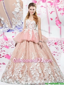Designer Pink Organza and Tulle Lace Up Scoop Sleeveless Floor Length Quinceanera Gown Lace and Appliques