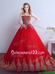 Attractive Strapless Sleeveless Quinceanera Dress Court Train Appliques and Sequins Red Tulle