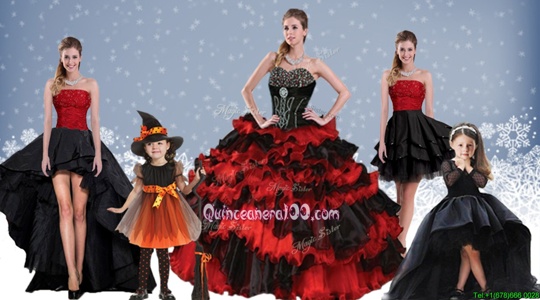 Romantic Red And Black Satin and Organza Lace Up Quinceanera Gowns Sleeveless Floor Length Beading and Ruffled Layers