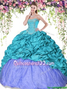 Artistic Turquoise and Lavender Lace Up Quinceanera Gown Beading and Pick Ups Sleeveless Floor Length
