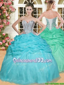 Flare Sweetheart Sleeveless 15th Birthday Dress Floor Length Beading and Pick Ups Aqua Blue Organza
