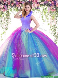 Flare Lavender and Multi-color Ball Gowns Beading Sweet 16 Dress Backless Satin and Tulle Sleeveless Floor Length