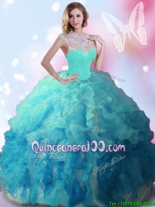 Fine Turquoise Tulle Zipper Quince Ball Gowns Sleeveless Floor Length Beading