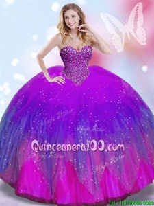 Multi-color Ball Gowns Sweetheart Sleeveless Tulle Floor Length Lace Up Beading Quinceanera Dresses