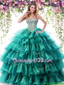 Fancy Floor Length Lace Up Ball Gown Prom Dress Green and In forMilitary Ball and Sweet 16 and Quinceanera withBeading and Ruffled Layers