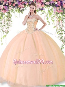 Discount Peach Ball Gowns Sweetheart Sleeveless Tulle Floor Length Lace Up Beading Sweet 16 Dresses
