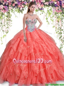 Hot Selling Orange Red Vestidos de Quinceanera Military Ball and Sweet 16 and Quinceanera and For withBeading and Ruffles Sweetheart Sleeveless Lace Up