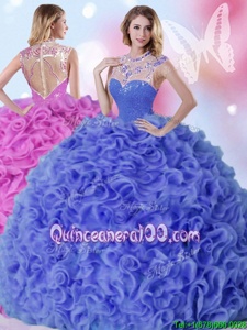 Beautiful Blue Sleeveless Floor Length Beading and Ruffles Zipper Ball Gown Prom Dress
