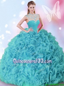 Customized Ball Gowns 15 Quinceanera Dress Aqua Blue High-neck Organza Sleeveless Floor Length Zipper