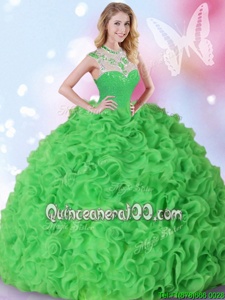 Latest Sleeveless Organza Floor Length Zipper 15 Quinceanera Dress inSpring Green forSpring and Summer and Fall and Winter withBeading and Ruffles