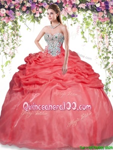 Super Floor Length Red Ball Gown Prom Dress Organza Sleeveless Spring and Summer and Fall and Winter Beading and Pick Ups