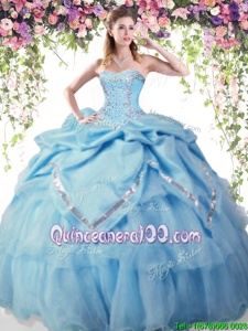 Romantic Baby Blue Organza and Taffeta Lace Up Quinceanera Gowns Sleeveless Floor Length Beading and Pick Ups