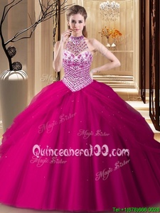 Excellent Fuchsia Lace Up Halter Top Beading and Pick Ups Ball Gown Prom Dress Tulle Sleeveless Brush Train