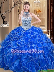 High End Halter Top Floor Length Ball Gowns Sleeveless Royal Blue Quinceanera Dresses Lace Up